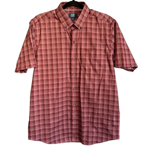 NWT Cutter & Buck Cotton Casual Button Front Short Sleeve Shirt Plaid Brick Red - Picture 1 of 5